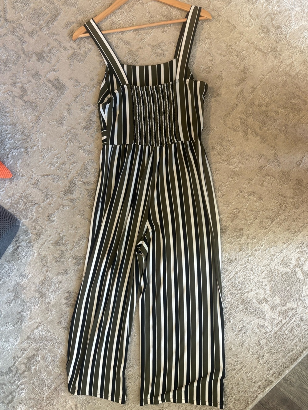 Express Olive and White Striped Women's Cropped Jumpsuit - Picture 2 of 8